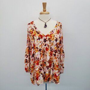 Terra & Sky Womens Watercolor Pintuck Blouse Top Plus Size 1X V-Neck 3/4 Sleeve